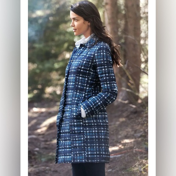 Lands End Blue Plaid Lightweight Primaloft Mid Length Coat Women’s Size 8 - Picture 1 of 12